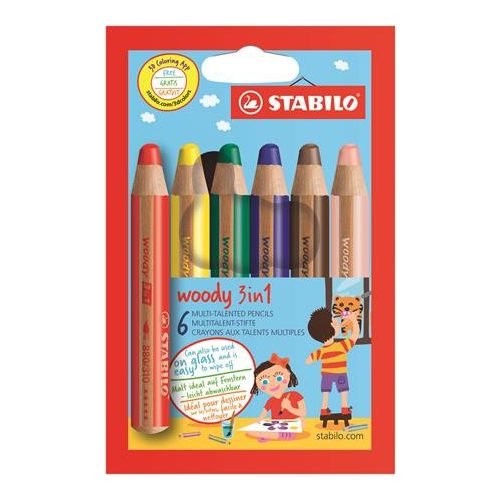Színes ceruza készlet, kerek, vastag, STABILO "Woody 3 in 1", 6 különböző szín