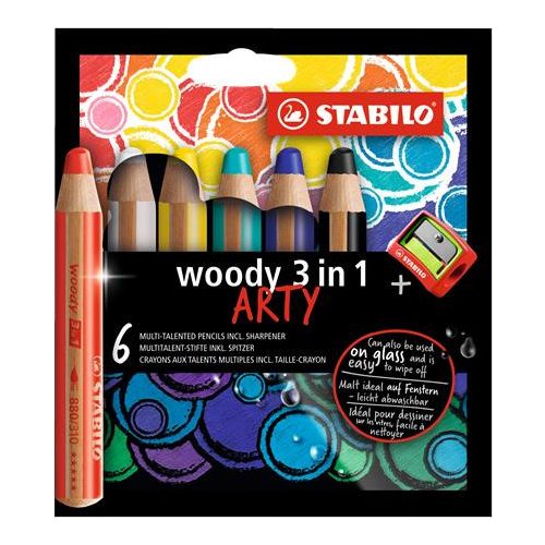 Színes ceruza készlet, kerek, vastag, STABILO "Woody ARTY 3 in 1", 6 különböző szín