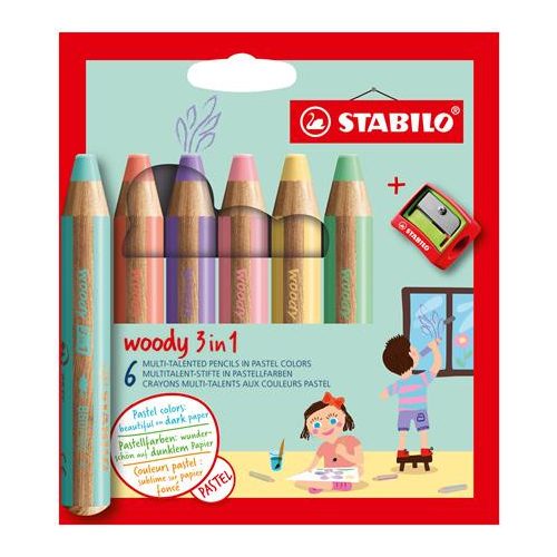 Színes ceruza készlet, kerek, vastag, STABILO "Woody 3 in 1 Pastel", 6 különböző pasztell szín