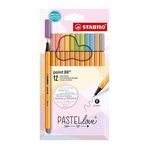 Tűfilc készlet, 0,4 mm, STABILO "Point 88 Pastellove", 12 különböző szín