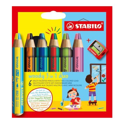 Színes ceruza készlet, STABILO "Woody 3 in 1 duo", 6 dupla vegyes szín