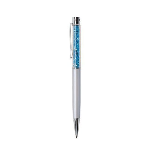 Golyóstoll, krémfehér, felül aquakék SWAROVSKI® kristályokkal töltve, 14 cm, ART CRYSTELLA®