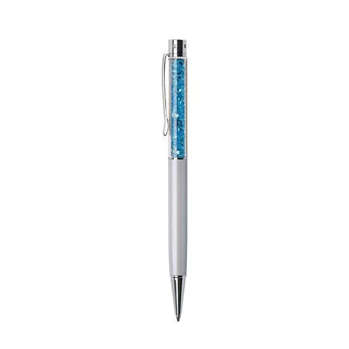 Golyóstoll, krémfehér, felül aquakék SWAROVSKI® kristályokkal töltve, 14 cm, ART CRYSTELLA®
