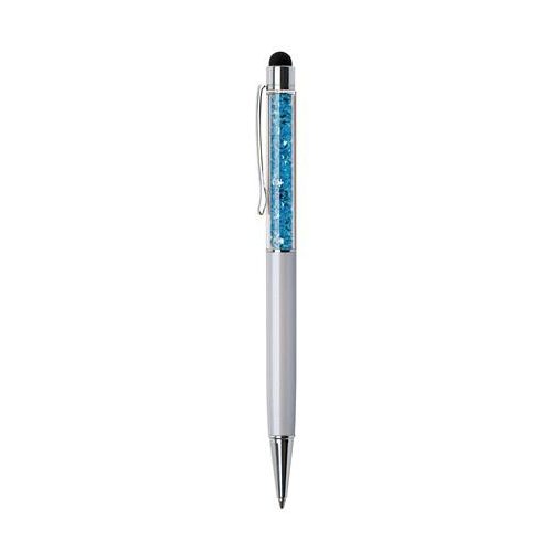 Golyóstoll, krémfehér, felül aquakék SWAROVSKI® kristályokkal töltve, TOUCH, 14 cm, ART CRYSTELLA®