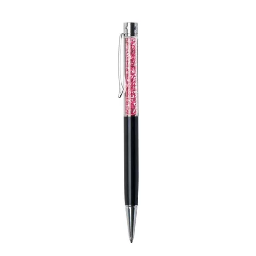 Golyóstoll, fekete, felül pink SWAROVSKI® kristállyal töltve, 14 cm, ART CRYSTELLA®