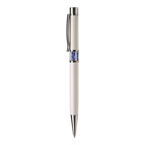Golyóstoll, fehér, középen zafírkék SWAROVSKI® kristállyal töltve, 14cm, ART CRYSTELLA®