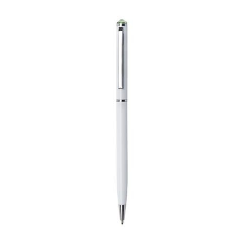 Golyóstoll, fehér "SLIM", peridot zöld SWAROVSKI® kristállyal, 13 cm, ART CRYSTELLA®