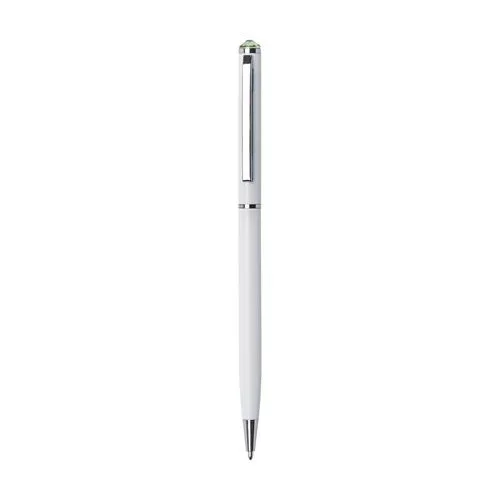 Golyóstoll, fehér "SLIM", peridot zöld SWAROVSKI® kristállyal, 13 cm, ART CRYSTELLA®