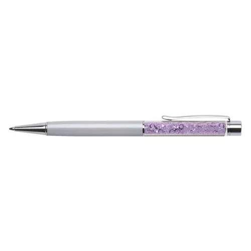 Golyóstoll, krémfehér, felül orgona lila SWAROVSKI® kristállyal töltve, 14 cm, ART CRYSTELLA®