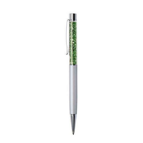 Golyóstoll, krémfehér, felül zöld SWAROVSKI® kristállyal töltve, 14 cm, ART CRYSTELLA®