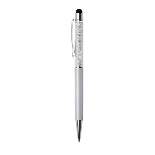 Golyóstoll, krémfehér, felül színjátszós fehér SWAROVSKI® kristállyal töltve, érintővel, 14 cm, ART CRYSTELLA®