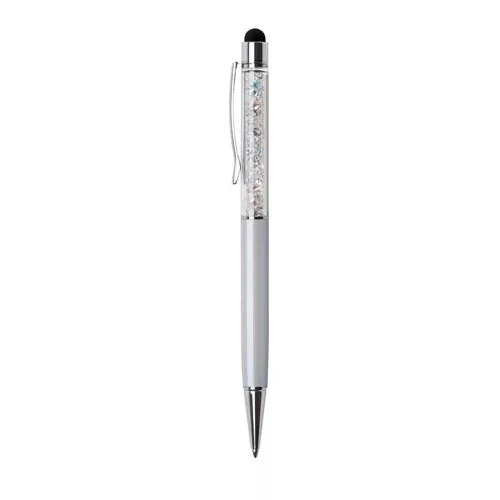 Golyóstoll, krémfehér, felül színjátszós fehér SWAROVSKI® kristállyal töltve, érintővel, 14 cm, ART CRYSTELLA®