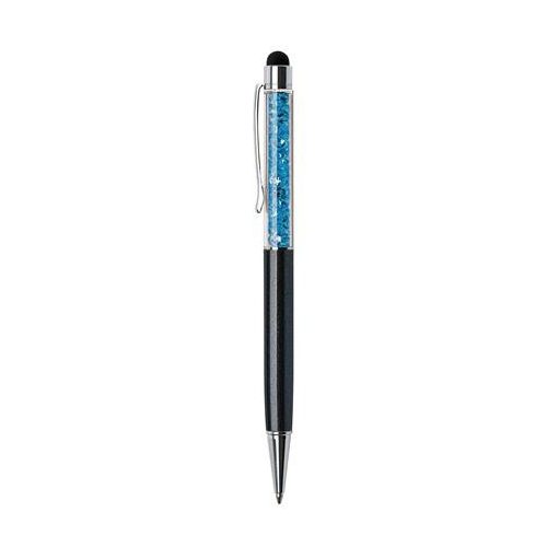 Golyóstoll, fekete, felül aquakék SWAROVSKI® kristállyal töltve, érintővel, 14 cm, ART CRYSTELLA®