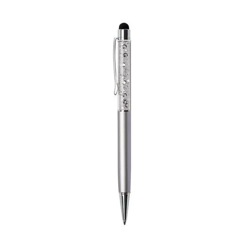 Golyóstoll, ezüst, felül fehér SWAROVSKI® kristállyal töltve, érintővel, 14 cm, ART CRYSTELLA®