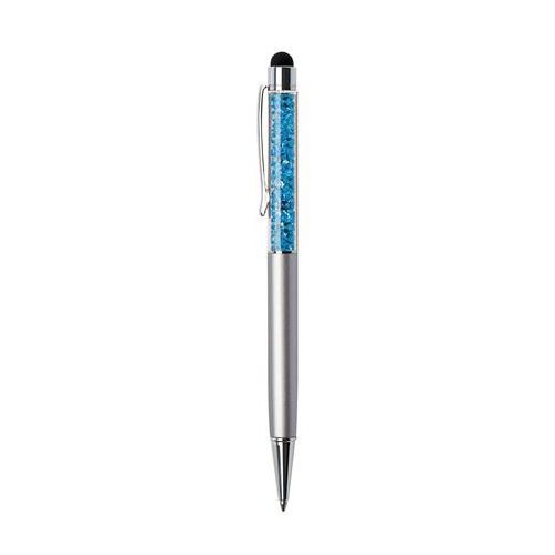 Golyóstoll, ezüst, felül aquakék SWAROVSKI® kristállyal töltve, érintővel, 14 cm, ART CRYSTELLA®