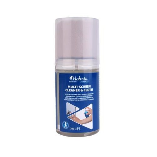 Tisztítófolyadék, képernyőhöz, pumpás, kendővel, 200 ml, VICTORIA TECHNOLOGY
