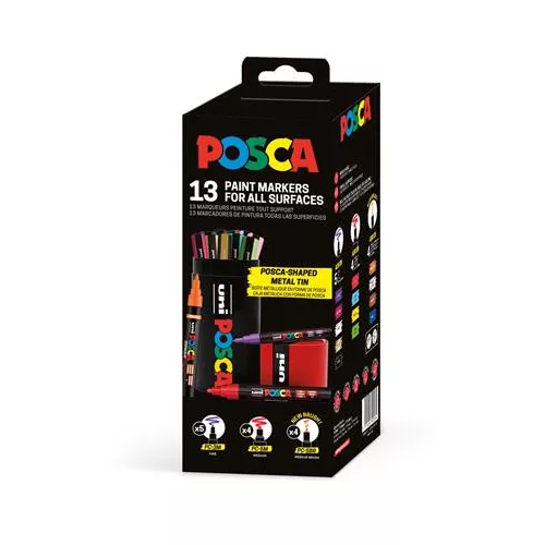 Dekormarker készlet, Posca fém dobozos, UNI "Posca", 13 különböző szín