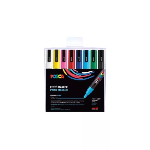 Dekormarker készlet, 0,9-1,3 mm, UNI "Posca PC-3M", 8 különböző szín