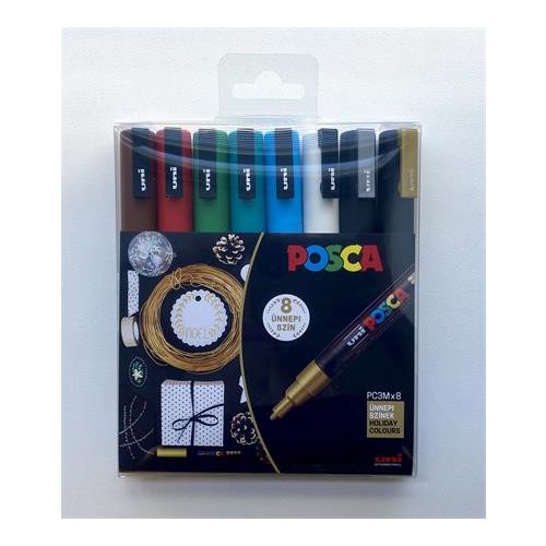 Dekormarker készlet, 0,9-1,3 mm, UNI "Posca PC-3M Holiday", 8 különböző szín