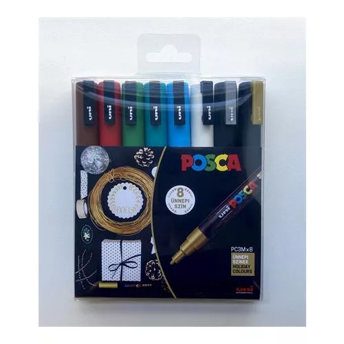 Dekormarker készlet, 0,9-1,3 mm, UNI "Posca PC-3M Holiday", 8 különböző szín