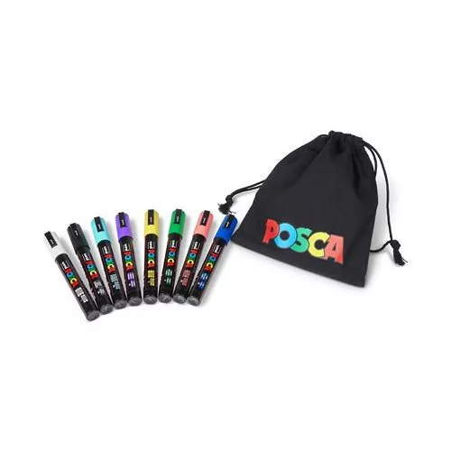 Dekormarker készlet, 1,8-2,5 mm, UNI "Posca Pouch PC-5M", 8 különböző szín, tartóval