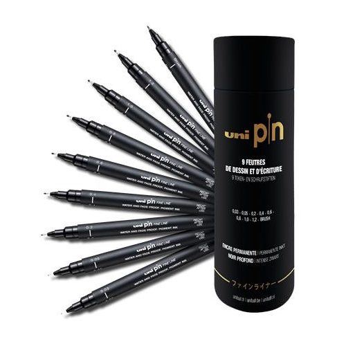 Rajzmarker készlet, UNI PIN "Tube", 9 különböző vonalvastagság, fekete