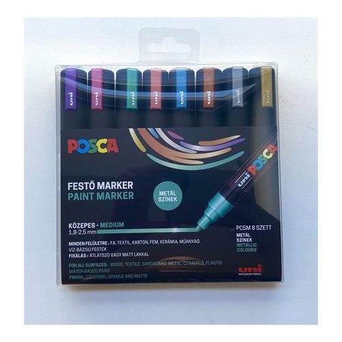 Dekormarker készlet, 1,8-2,5 mm, UNI "Posca PC-5M", 8 különböző metál szín