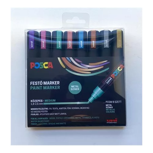 Dekormarker készlet, 1,8-2,5 mm, UNI "Posca PC-5M", 8 különböző metál szín