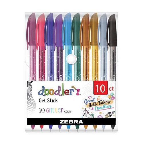 Zseléstoll készlet, 0,33 mm, kupakos, ZEBRA "Doodler'z Glitter", 10 csillogó vegyes szín