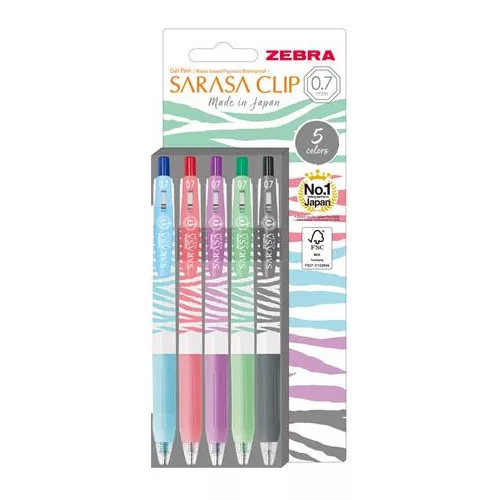 Zseléstoll készlet, 0,33 mm, nyomógombos, csíkos test, ZEBRA "Sarasa Clip Pastel", 5 különböző pasztell szín