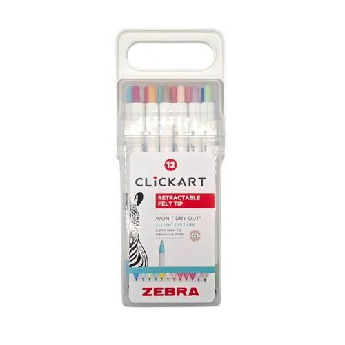 Filctoll készlet, nyomógombos, 0,6 mm, ZEBRA "Clickart" 12 különböző pasztell szín