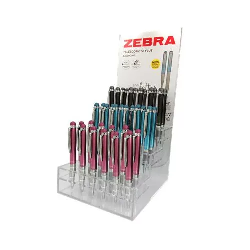 Golyóstoll display, 0,24 mm, teleszkópos, rozsdamentes acél, ZEBRA "Telescopic Metal Stylus", kék