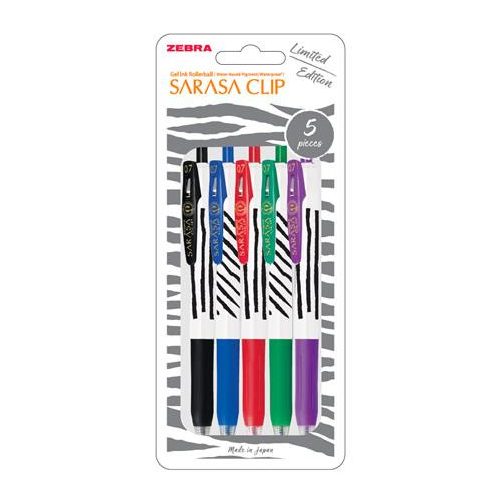 Zseléstoll készlet, 0,33 mm, nyomógombos, csíkos test, ZEBRA "Sarasa Clip", 5 különböző szín
