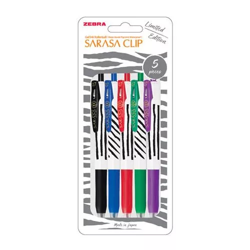 Zseléstoll készlet, 0,33 mm, nyomógombos, csíkos test, ZEBRA "Sarasa Clip", 5 különböző szín