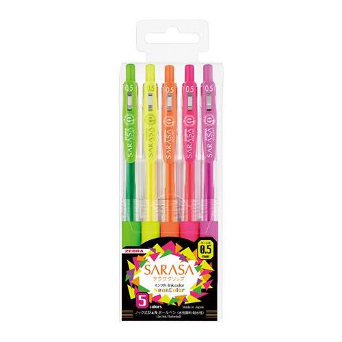Zseléstoll készlet, 0,33 mm, nyomógombos, ZEBRA "Sarasa Clip Neon", 5 neon szín