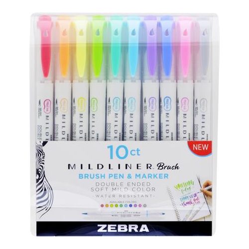 Ecsetirón készlet, 0,5/0,7 mm, kétvégű, ZEBRA "Mildliner Brush&Marker", 10 különböző szín