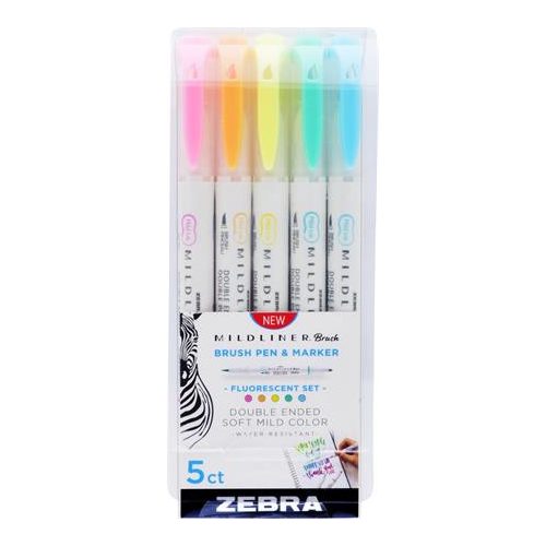 Ecsetirón készlet, kétvégű ZEBRA "Mildliner Fluorescent", 5 szín