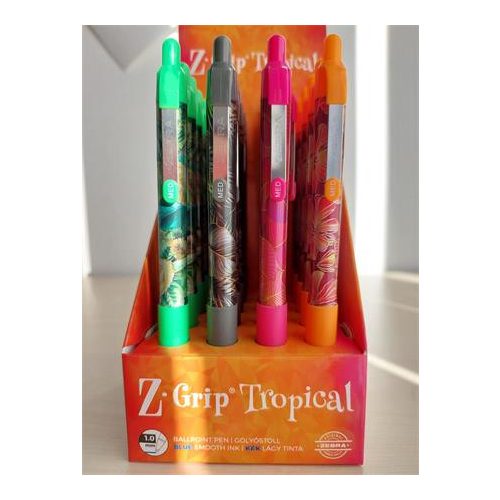 Golyóstoll display, 0,27 mm, nyomógombos, ZEBRA "Z-Grip Tropical", kék, 4 különböző minta