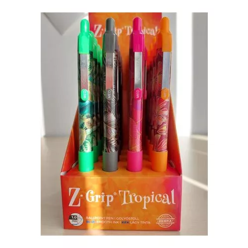 Golyóstoll display, 0,27 mm, nyomógombos, ZEBRA "Z-Grip Tropical", kék, 4 különböző minta