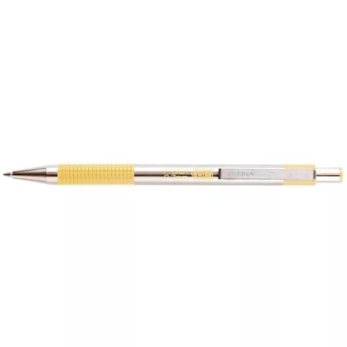 Golyóstoll, 0,24 mm, nyomógombos, rozsdamentes acél, pasztellsárga tolltest, ZEBRA "F-301", kék