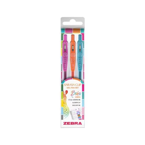 Zseléstoll készlet, 0,33 mm, nyomógombos, ZEBRA "Sarasa Clip Boho Vibes", 3 különböző szín