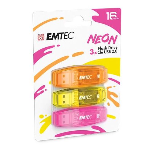 Pendrive, 16GB, 3 db, USB 2.0, EMTEC "C410 Neon", narancs, citromsárga, rózsaszín