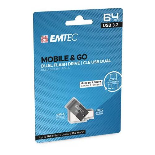 Pendrive, 64GB, USB 3.2, USB-A bemenet/USB-C kimenet, EMTEC "T260C Dual"