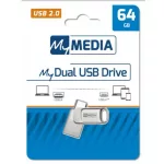 Pendrive, 64GB, USB 2.0 + USB-C, alumínium ház, MYMEDIA "Dual" (by VERBATIM)
