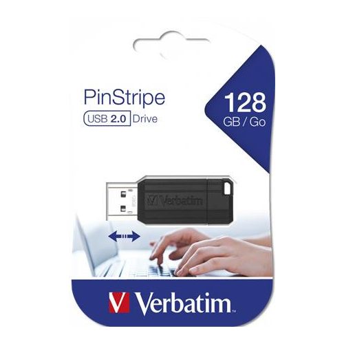 Pendrive, 128GB, USB 2.0, 10/4MB/sec, VERBATIM "PinStripe", fekete