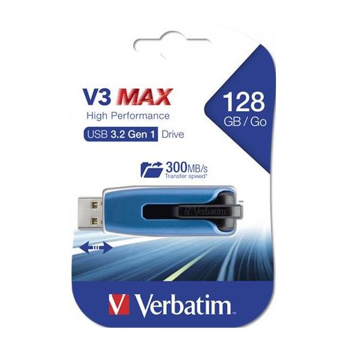 Pendrive, 128GB, USB 3.2, 175/80 MB/s, VERBATIM "V3 MAX", kék-fekete