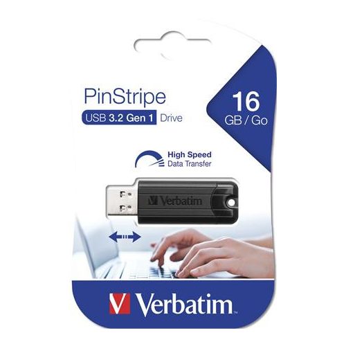Pendrive, 16GB, USB 3.2, VERBATIM "Pinstripe", fekete