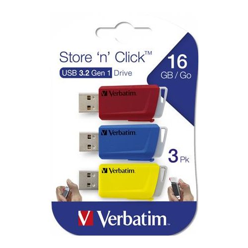 Pendrive, 3 x 16GB, USB 3.2, 80/25MB/sec, VERBATIM "Store n Click", piros, kék, sárga