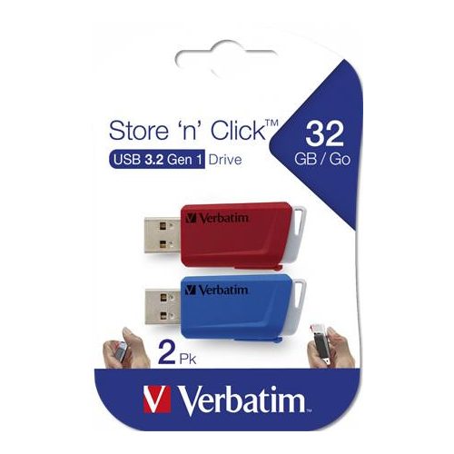 Pendrive, 2 x 32GB, USB 3.2, 80/25MB/sec, VERBATIM "Store n Click", piros, kék