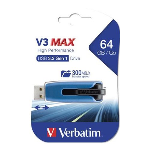 Pendrive, 64GB, USB 3.2, 175/80 MB/s, VERBATIM "V3 MAX", kék-fekete